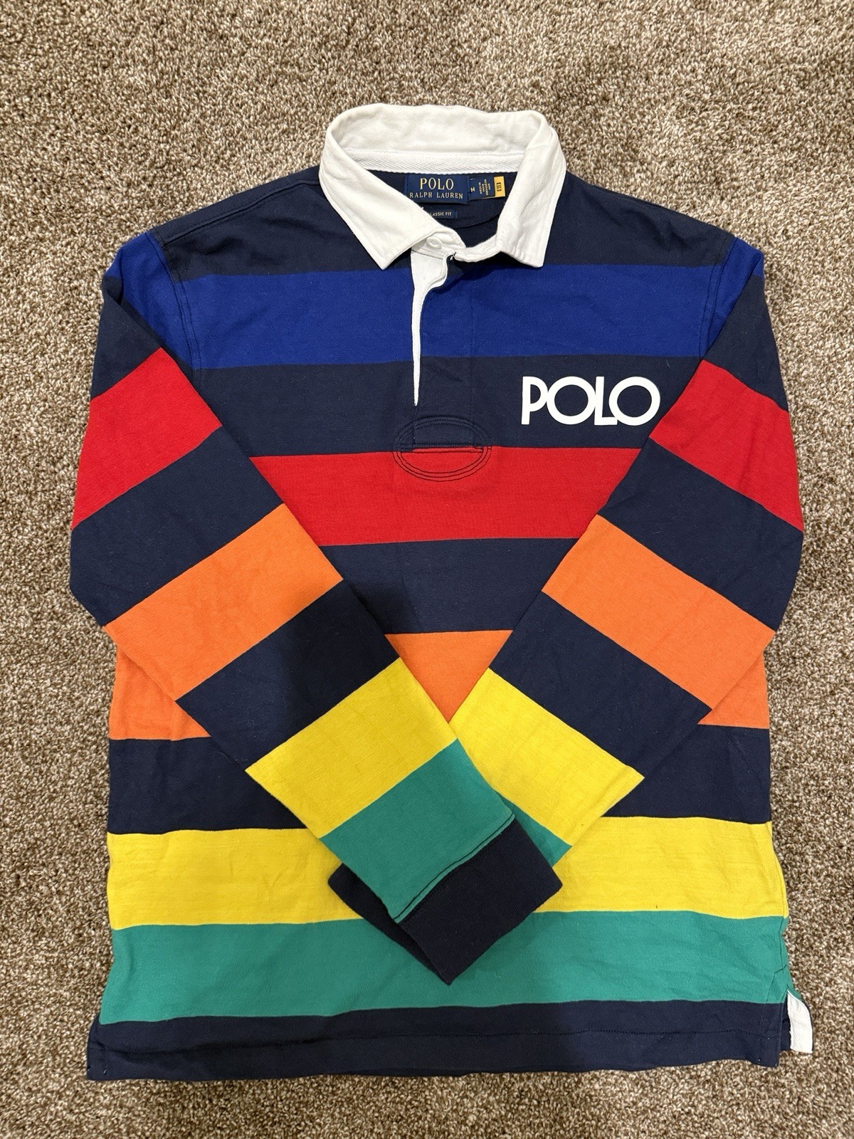 Camisa de Rugby POLO RALPH LAUREN Hombres Talla M Calce Clásico Manga Larga Arco Iris Rayas