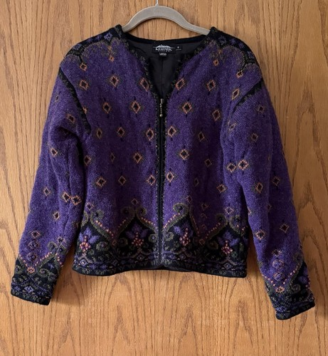 Vintage Icelandic Design Wool Lined Full Zip Nordic Print Cardigan Sweater Small