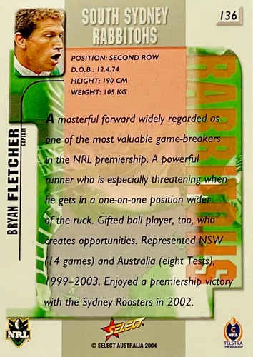 Signed 2004 Select Authentic Bryan Fletcher Souths Sydney Rabbitohs Nrl Card - Picture 2 of 2