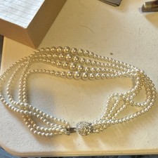 Multi-Strand White Imitation Pearl Necklace Statement Beaded Box Clasp