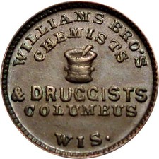 Columbus Wisconsin Civil War Token Williams Bros Druggist Mortar & Pestle R5