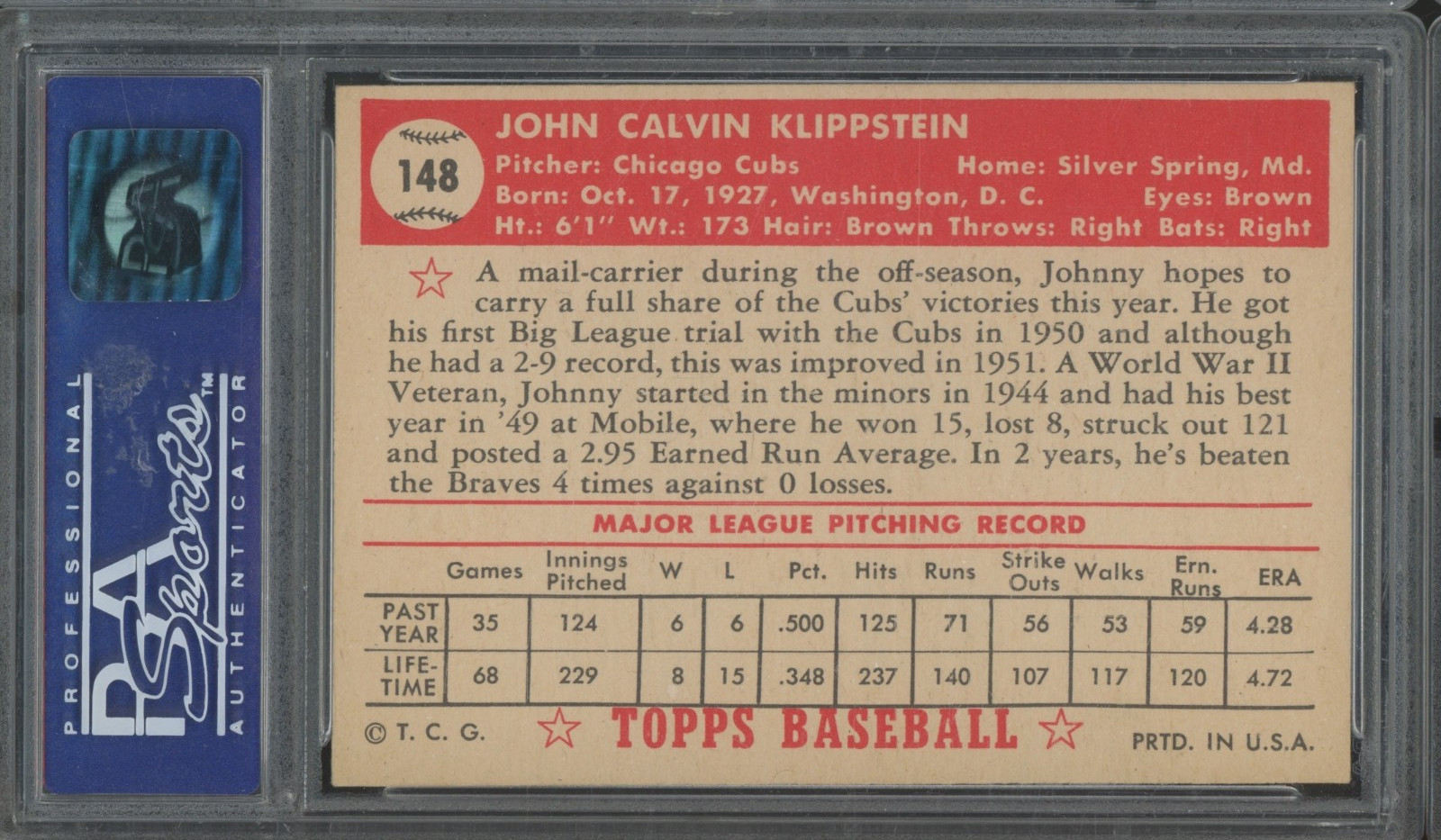 1952 Topps #148 Johnny Klippstein NM MT PSA 8 view 2