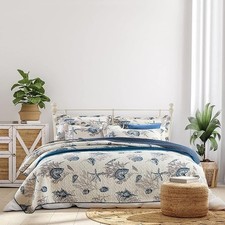 LIVILAN Nautical Theme Bedspread 3-Piece Reversible Queen Quilt Set, Cotton Fabr