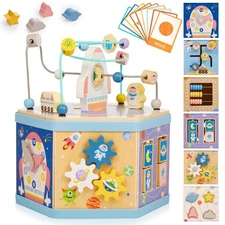 Large Wooden Space Activity Cube Toys, 9-in-1 Early Educational Montessori Le...