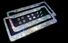 2 Bling Holographic Chunky Silver Glitter License Plate Frames Covers White