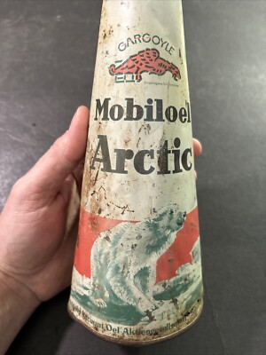 Antique RARE Mobiloil German Arctic Gargoyle Graphic Polar Bear Cone Oil Can