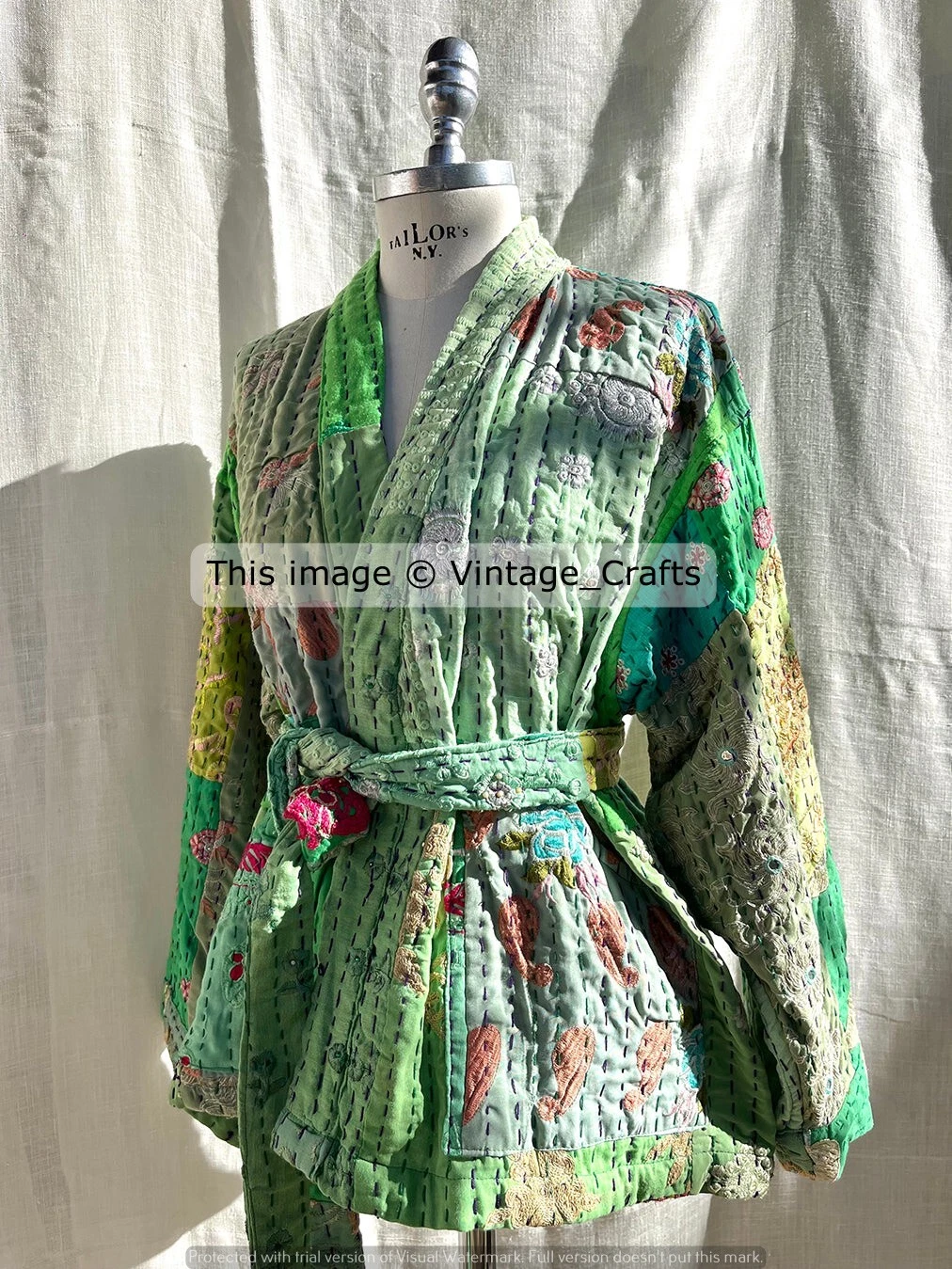 Indian Cotton Women Kantha Quilted Jacket Patchwork Kimono Coat Bath Robe Dress