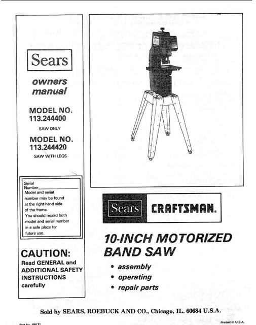 Craftsman 113.244420 113.244400 Band Saw Owners Instruction Manual eBay
