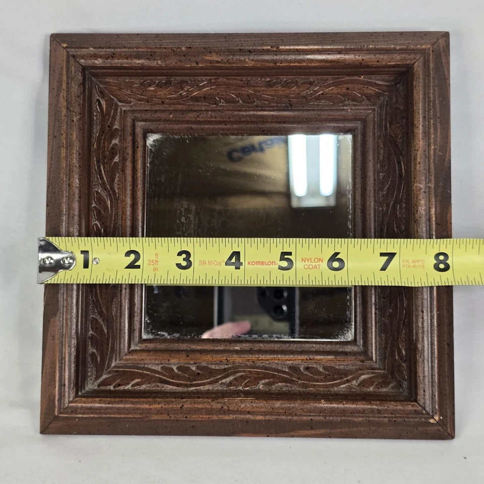 Set of 2 Wall Mounted Small Mirror Dark Wooden Frames  8”x 8”x 2" Thick Border - Image 3 of 4