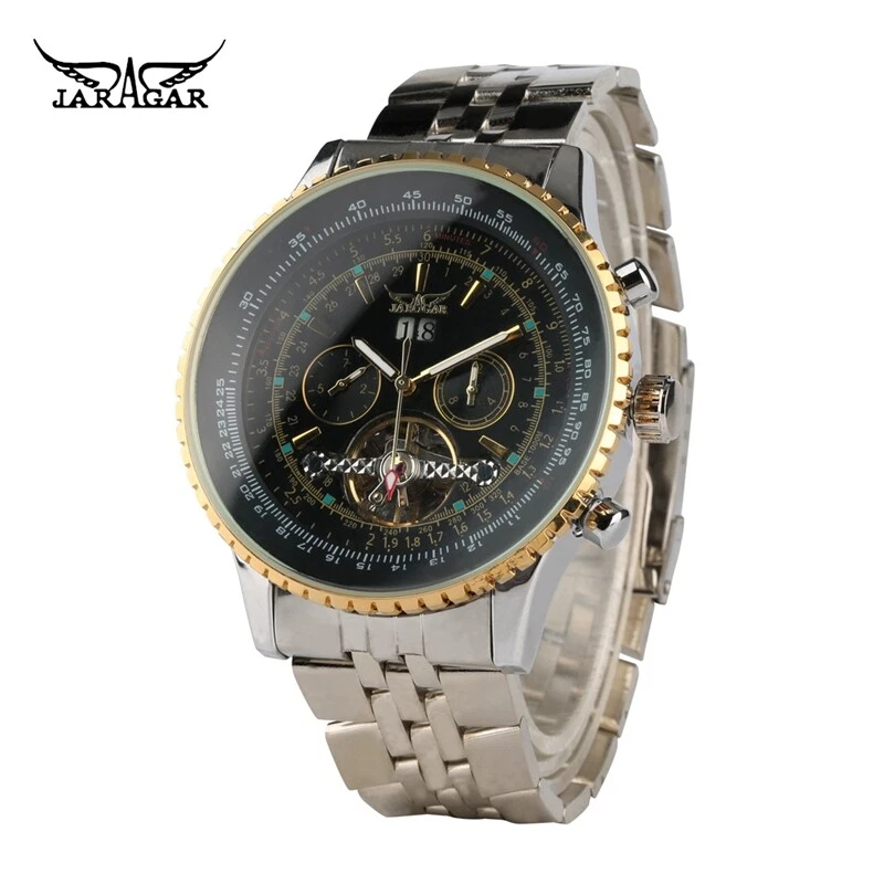 Jaragar Mens Watch Automatic Golden Bezel Scale Dial Design