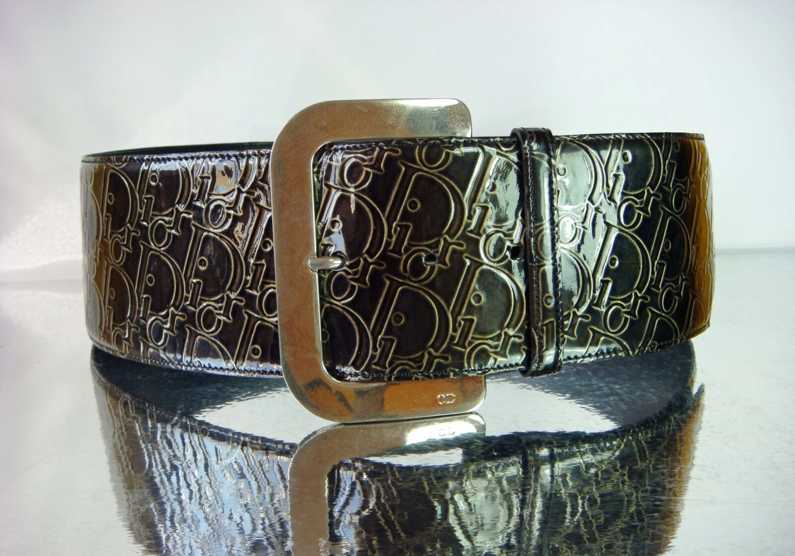 Christian Dior Monogram Brown Wide Belt Size M 95 in Patent Leather + Dust bag