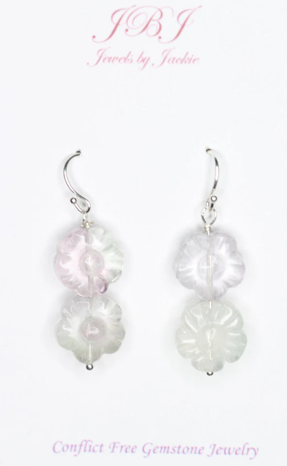 Pendientes de plata de ley 0,925 con forma de flor de piedras preciosas púrpura verde fluorita de 1 1/2" Foto 4 de 4