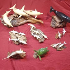 John Perry Vintage Dolphin Familys Lot Of 8 Sculptures On Burl Wood. Pre-owned 