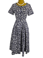 Vintage Laura Ashley Tea Dress Pockets Blue White UK6 Floral Midi Cottagecore