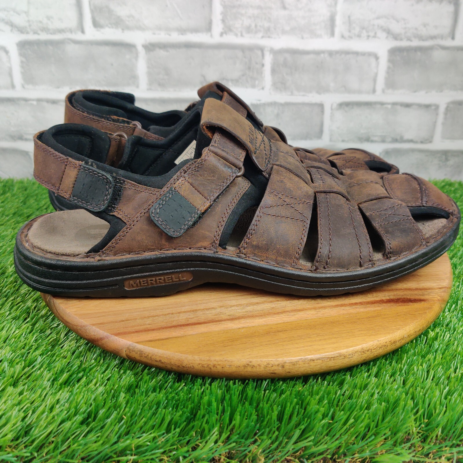 Merrell World sandali bracken uomo taglia 15 pelle marrone pescatore cinturino alla caviglia