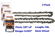 3pcs 8'' Chainsaw Chain Blade 3/8 LP 0.043 Gauge 34 DL For STIHL Husqvarna