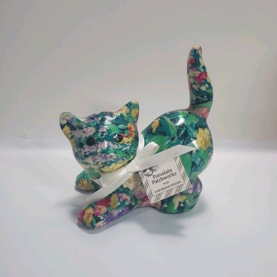 Joan Baker Porcelain Patchworks Green Floral Cat Figurine W Tag