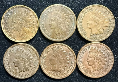 Lot of 6 Indian Head Cent/Pennies (1881-1890) VF - XF Grades. Very Nice Lot !!!