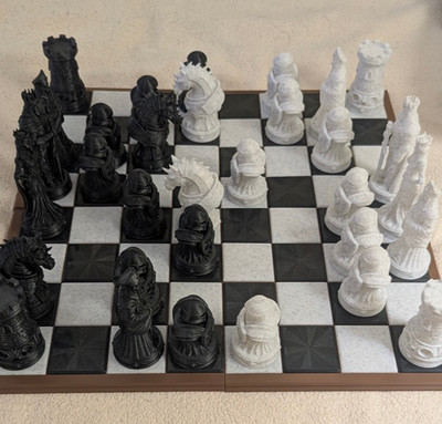 Modular Fantasy Chess Set, Holographic 2-Sided Tiles, Marble & Glitter Figurines