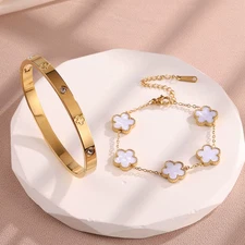 2Pcs Stainless Steel Shiny Zircon Four-Leaf Flower Bracelet Bangles Set for Wome