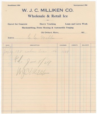 1929 WJC Milliken Co  Retail Ice Blacksmith Horse Shoeing Old Orchard Maine Bill