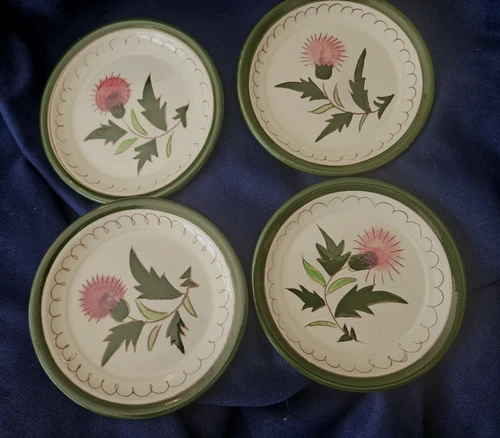 Set Of 4 Vintage STANGL Pottery Pink THISTLE Floral Coasters Plates 5-1/8"