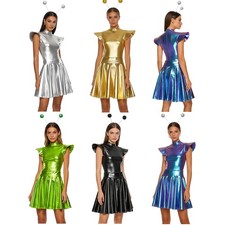 Women Alien Costume Outerspace Outfits Festival Dress Metallic Astronaut Shiny