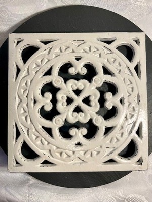 White Enamel on Cast Iron Ornate Trivet Square