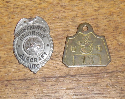 Vintage 1 3/8" Sikorsky Aircraft Firefighter Badge + A Brass Tag