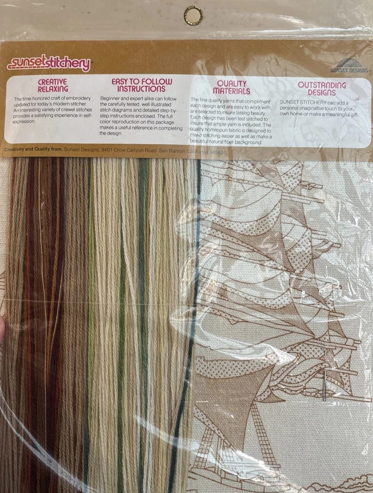 1977 Sunset Stichery набор штампованная вышивка набор нераспечатанный парусный корабль 16 X 20 - Изображение 3 из 4