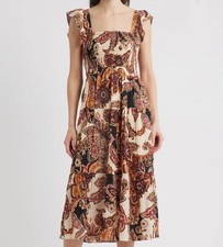 Vince Camuto Square Neck Paisley Print Fit & Flare Midi Sun Dress Womens M NWT