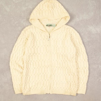 Vintage 90s Full Zip Aran Knitted Cardigan M Wolle Damen Creme Zopfmuster