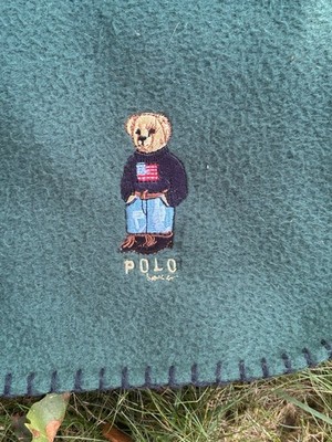 Ralph Lauren Polo Bear Hunter Green Fleece Throw 55 X 75 Whipstitch Blue Thread