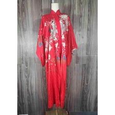 Vintage Japanese Kimono Robe Red Floral Butterfly Silk Embroidered Duster Sash