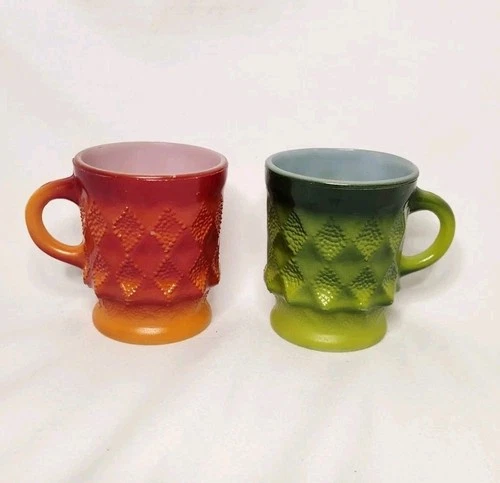 VTG Anchor Hocking Fire King KIMBERLY Textured Diamond Red & Green Mugs Cups USA