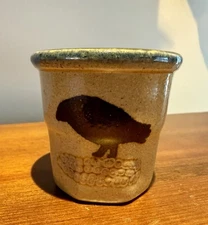 MSW MONROE SALT WORKS Pottery Mini Crock Crow On Corn Cob Maine Blue Rim