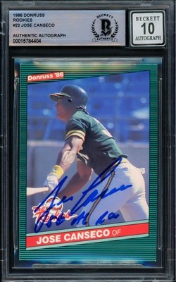 Jose Canseco Auto 1986 Donruss The Rookies 22 Oakland As Auto 10 AL ROY Beckett