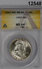 1952 FRANKLIN HALF ANACS CERTIFIED MS64 FBL FROSTY!! #12548
