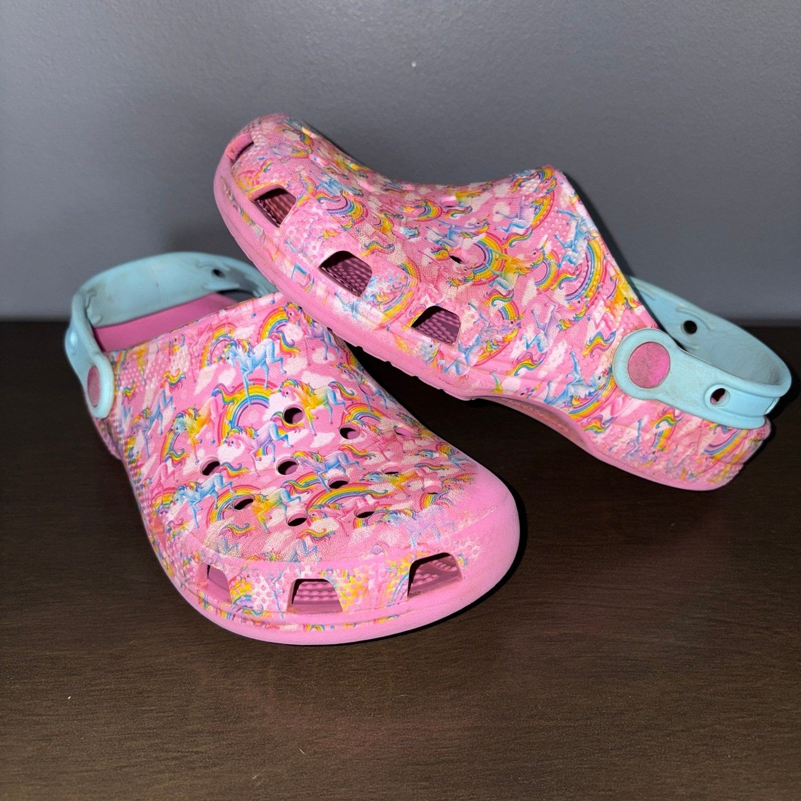 Crocs Kids J3 Clogs Slip-On Shoes with Lisa Frank Pink Blue Unicorn Rainbow Print-image