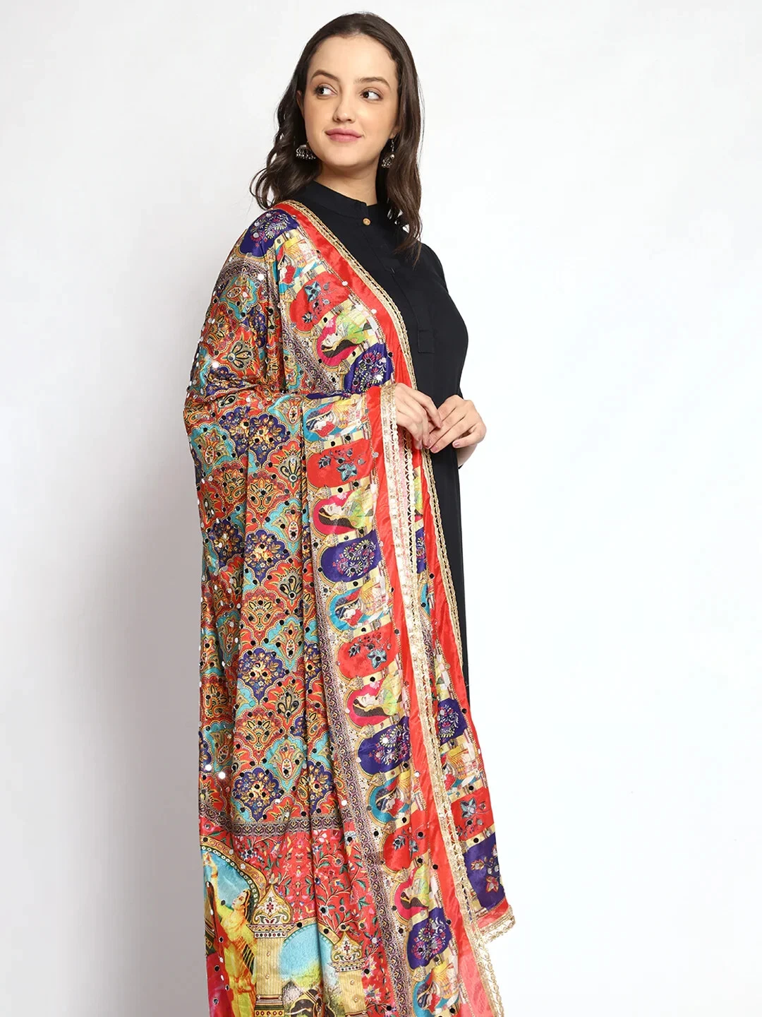 Bandhej Digital Graphic Printed Women Silk Bandhani Mirror Work Ethnic Dupatta
