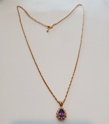 Amethyst February Birthstone CZ Pendant GP China Gold Tone Chain