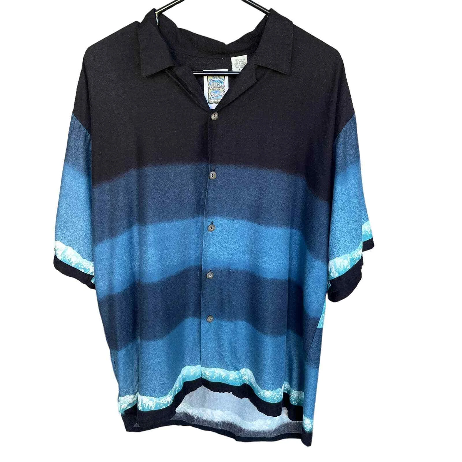 Ocean Current Shirt Mens Large Blue Rayon Surf Ocean Beach Hawaiian Button Up