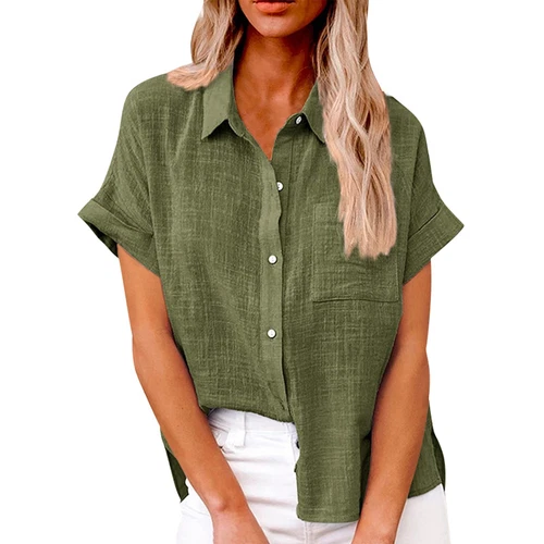 Womens Cotton Linen Casual Blouse Ladies Button T Shirt Short Sleeve Tops - Bild 10 von 72