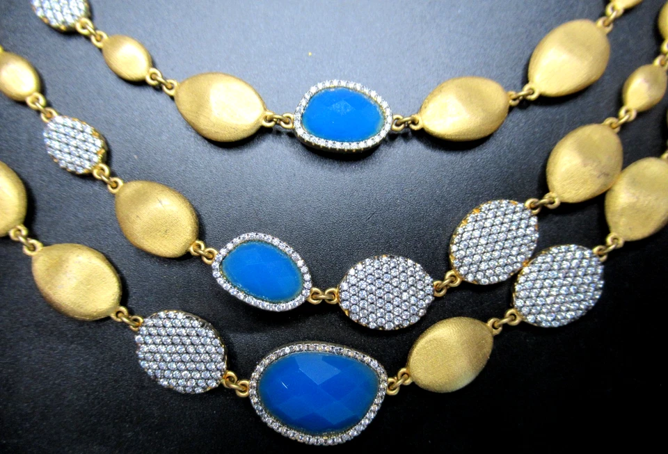 Collar FREIDA ROTHMAN Plata de Ley 925 Pesada Piedra Azul Triple Hilo Foto 3 de 4