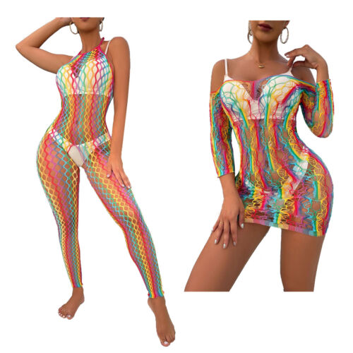 Womens Body Stocking Bodysuit Fishnet Babydoll Sleepwear Lingerie Thigh-Highs Thumbnail Picture