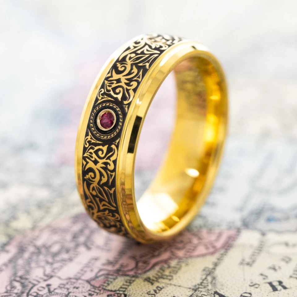 8mm Yellow Gold Plated Tungsten Ring with Red Ruby and Victorian Engravings - Image 4 of 4