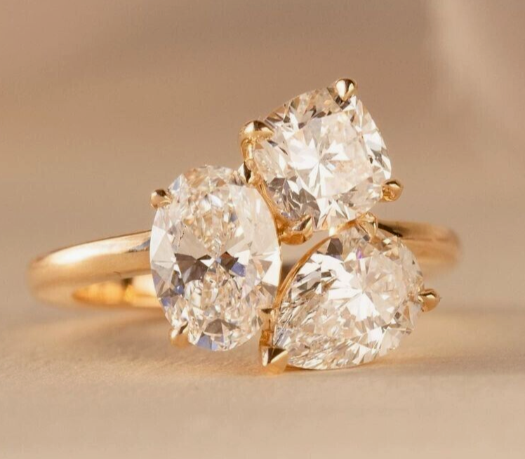 Three Stone Oval,Pear Cushion Cut Moissanite Promise Ring