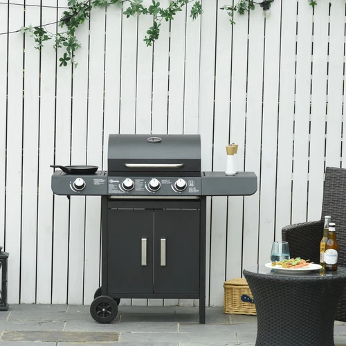Outsunny Barbecue a Gas con Coperchio e Termometro, Fornello Laterale e 2 Ruote - Foto 3 di 10
