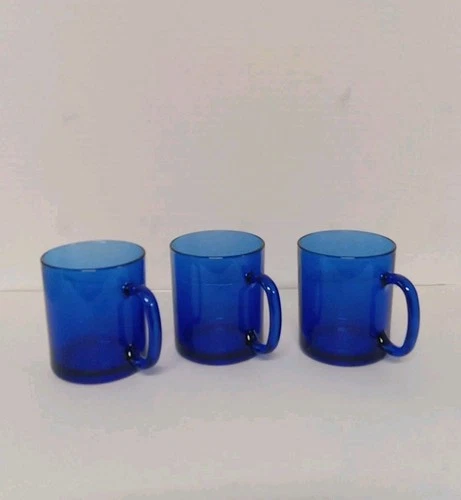 Vintage Cobalt Blue Glass Mugs Set Of 3 Cups Made In France 8oz.