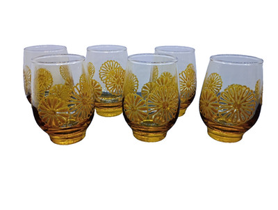 Set of 6 Retro Vintage 70 s Libbey Amber Americana Tumblers with Flower Etching